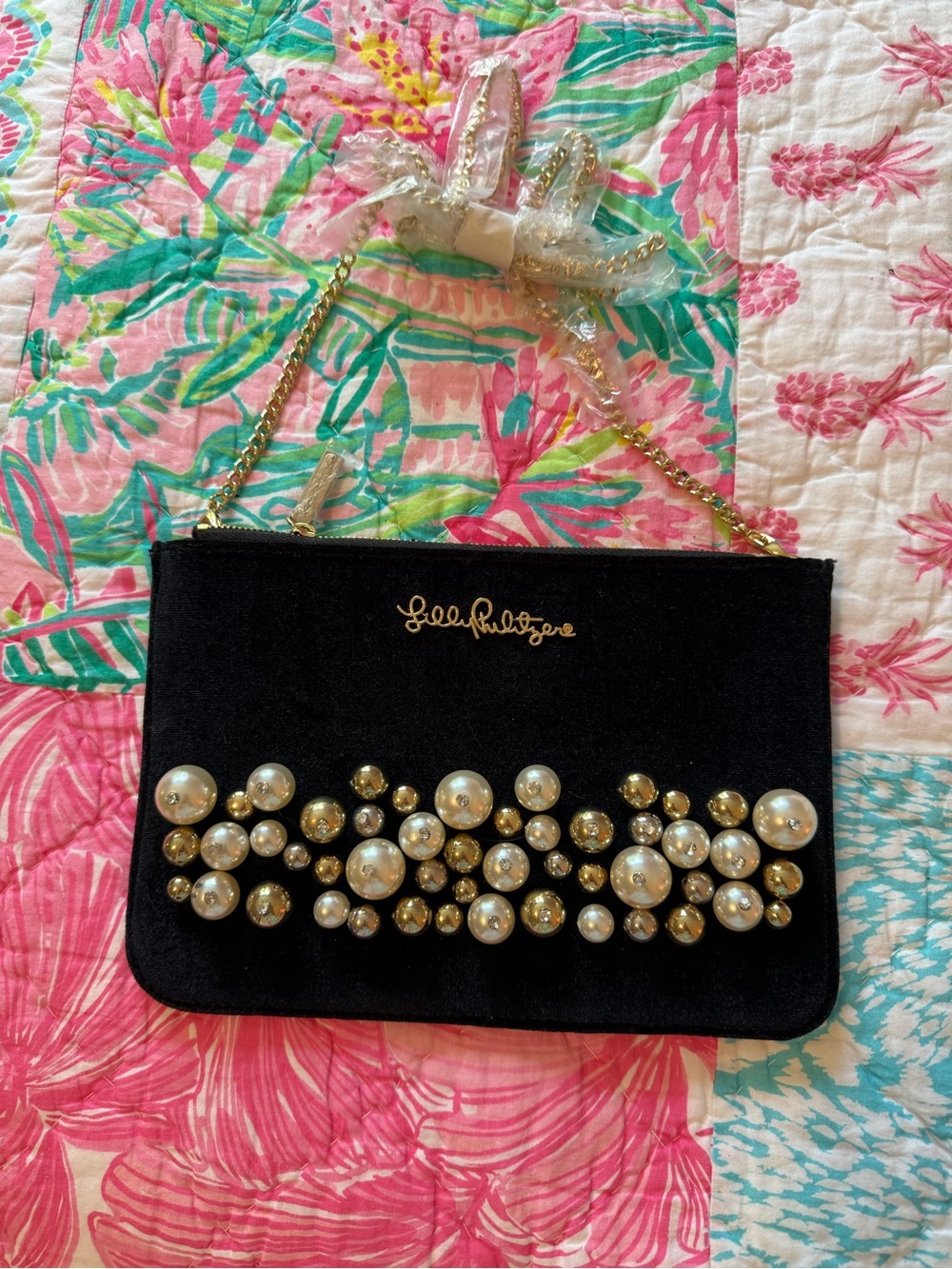 NWT Lilly Pulitzer Black Pearl & Gold-Stud Chain Crossbody Bag